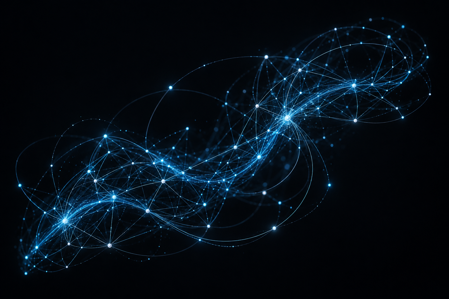 Fine blue optical connections joining glowing network nodes